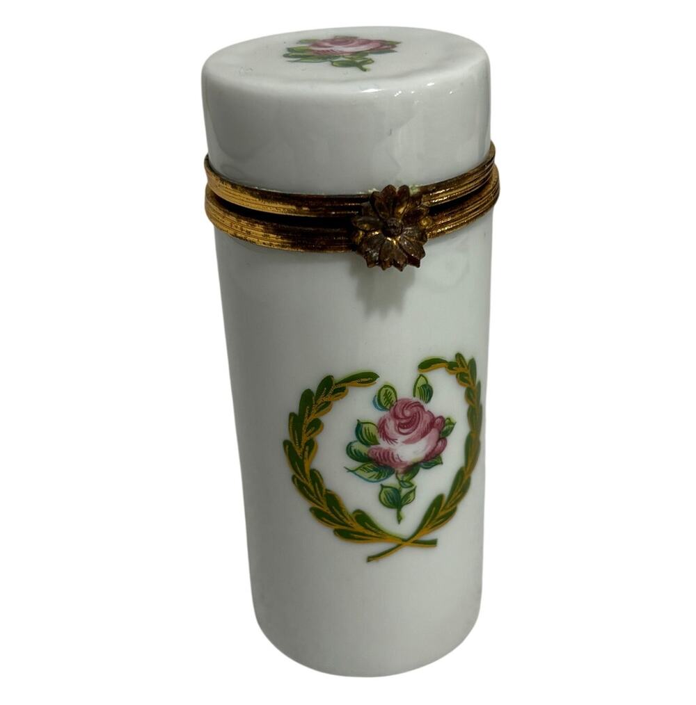 Vintage white porcelain trinket box tall cylinder w/ lid Malbec Limoges France